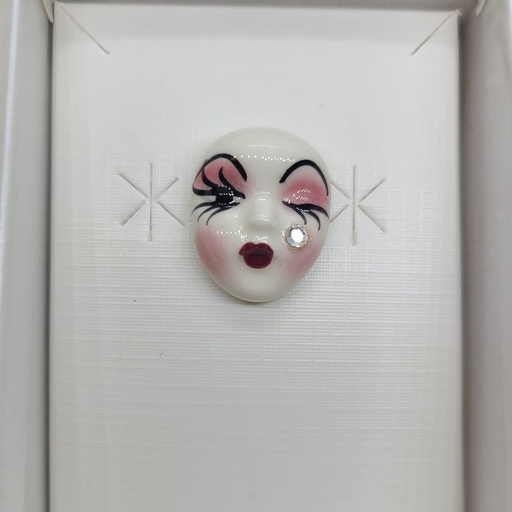 Vintage Fancy Faces Brooch Pin Handpainted Porcelain Mask Wink with Rhinestone
